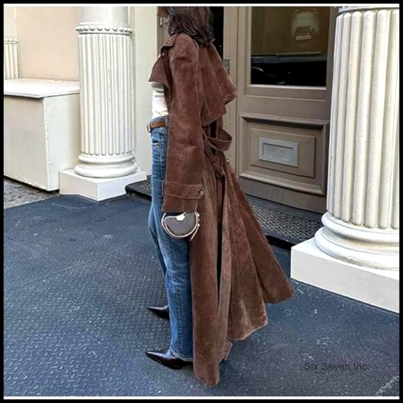 Faux Suede Long Trench Coat Notched Lapel Double Breasted Slim Fit Elegant - Picture 3 of 7